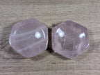 Hexagon-shaped rose quartz bowl from Syn's Crystal Co featuring smooth, pink crystal with natural stone patterns and polished surface.