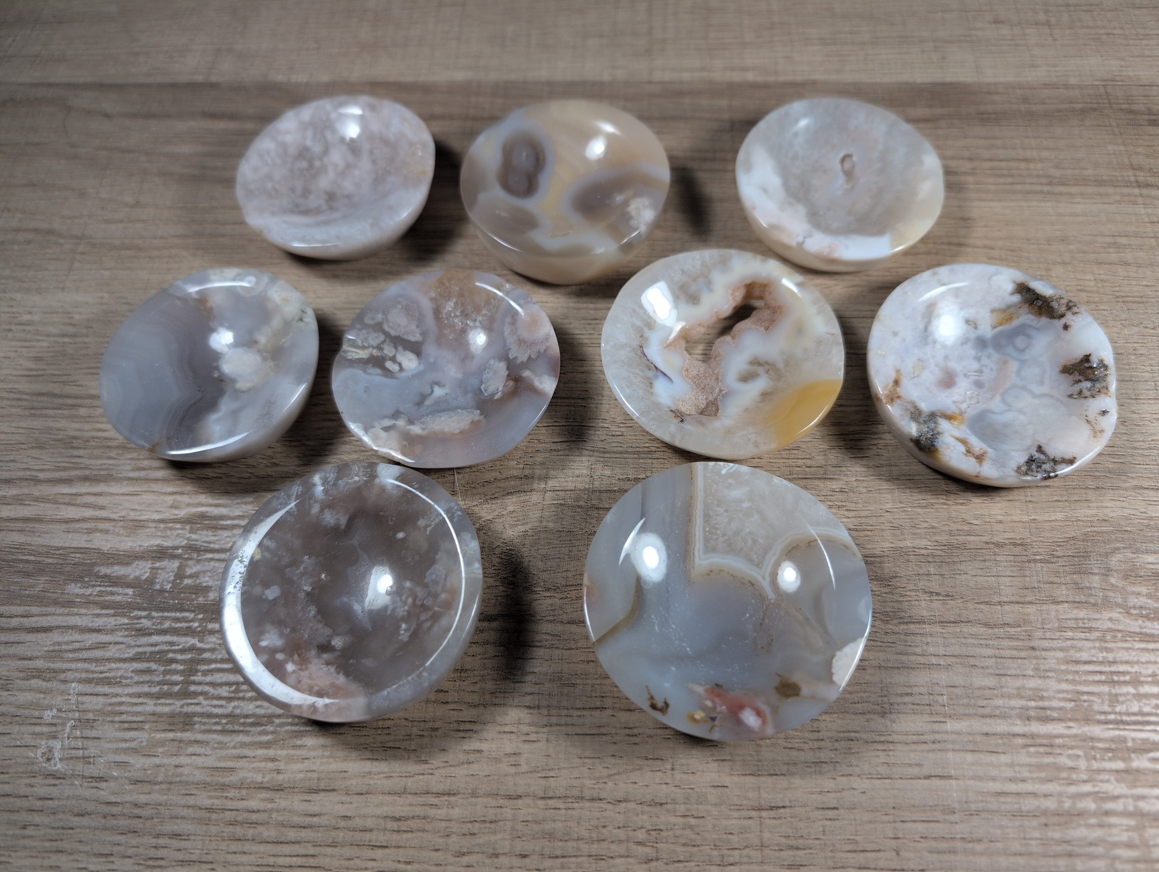 Round flower agate bowl by Syn's Crystal Co featuring vibrant flower patterns and smooth polished surface.