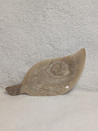 Chocolate Calcite Leaf carving by Syn's Crystal Co showing a detailed leaf shape with rich brown and tan tones.