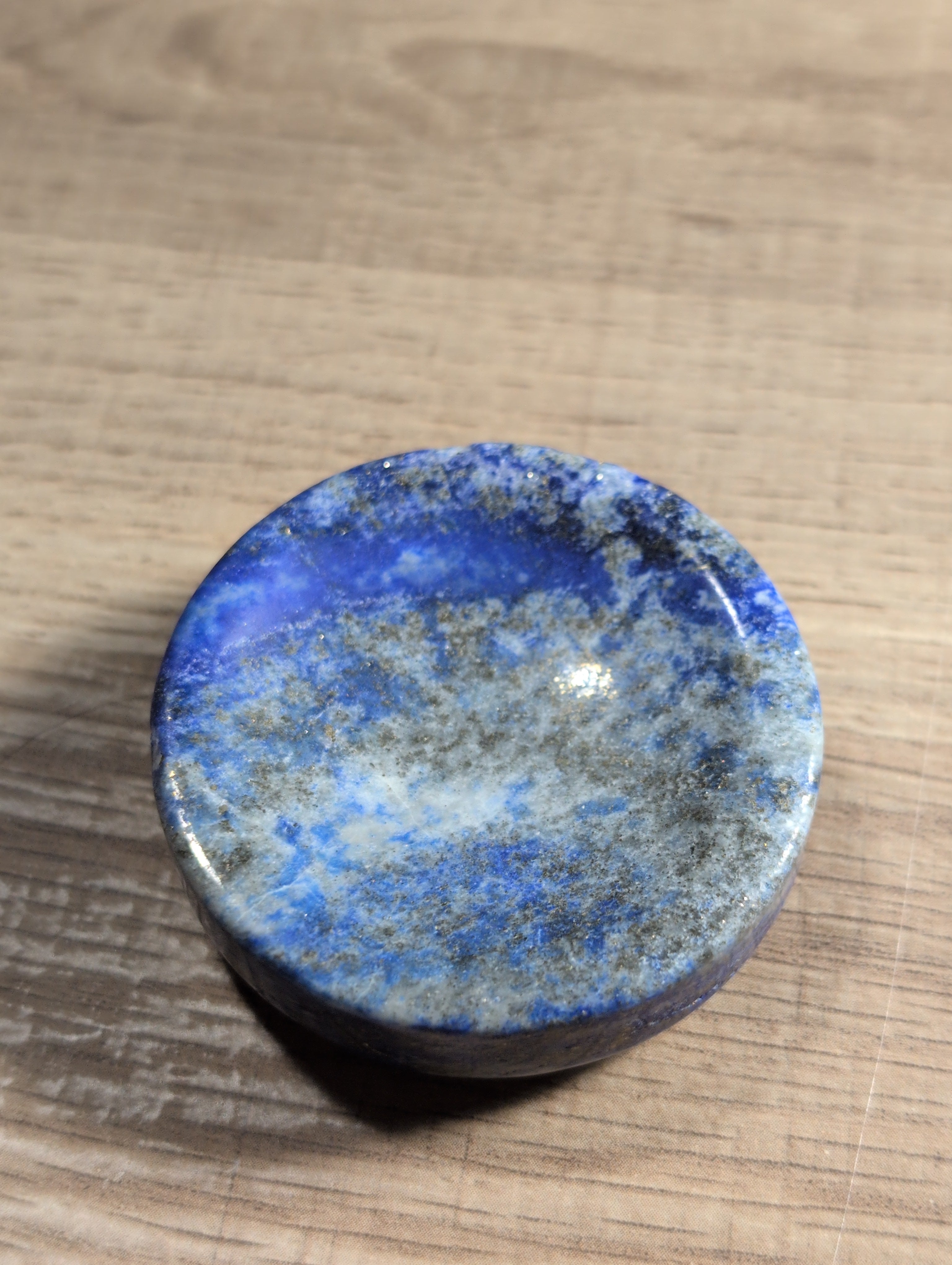 Lapis Lazuli crystal bowl from Syn's Crystal Co, natural blue gemstone dish for wisdom, intuition, and chakra display.