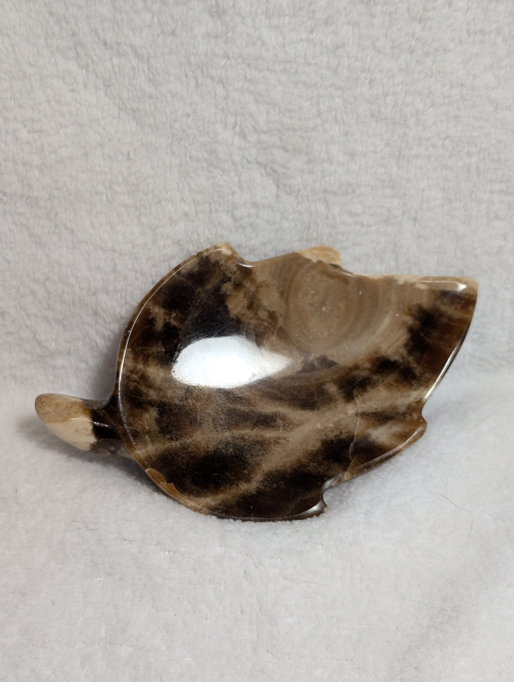 Chocolate Calcite Leaf crystal from Syn's Crystal Co, featuring a polished chocolate brown calcite leaf with natural vein details.