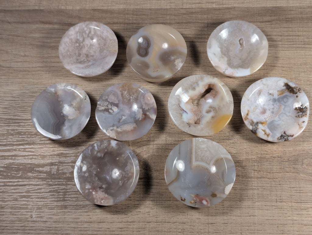 Round Flower Agate bowl by Syn's Crystal Co featuring vibrant flower patterns and smooth polished surface.
