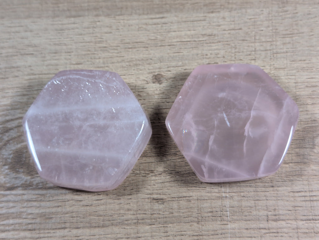 Hexagon rose quartz bowl by Syn's Crystal Co, featuring smooth, polished pink rose quartz with a geometric hexagon shape.