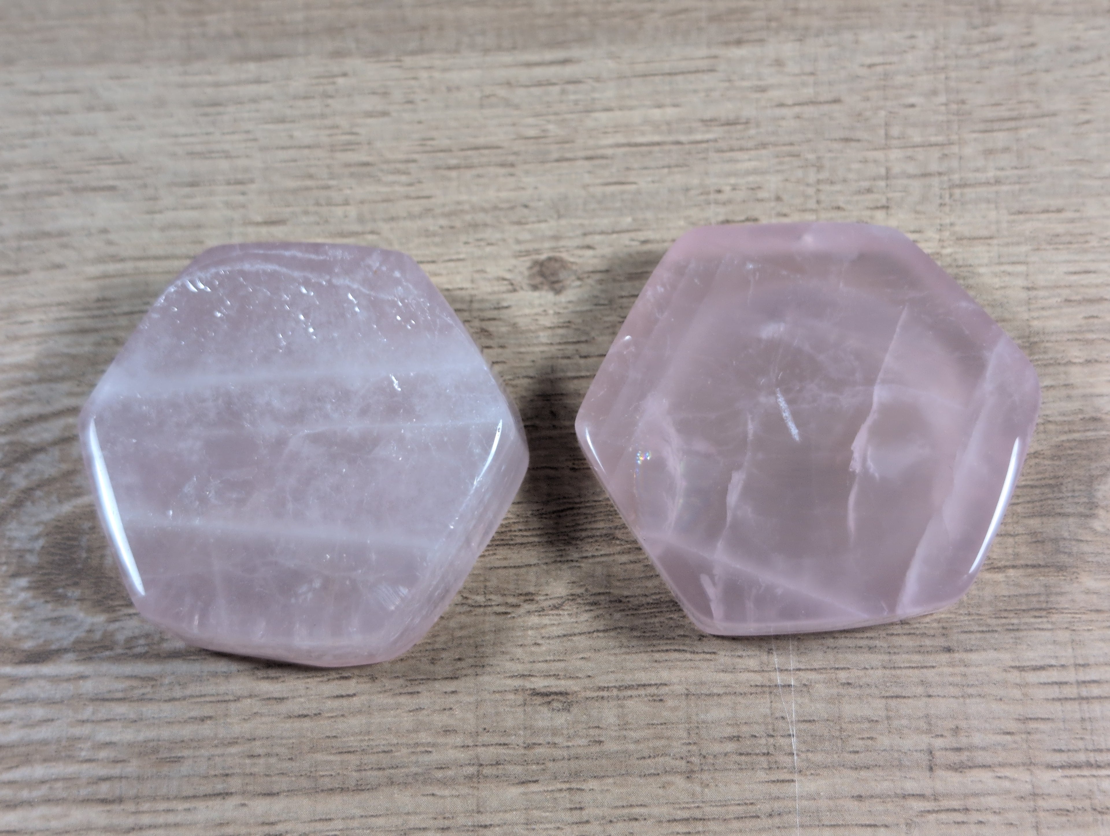 Hexagon rose quartz bowl by Syn's Crystal Co, featuring smooth, polished pink rose quartz with a geometric hexagon shape.