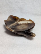 Chocolate Calcite leaf crystal from Syn's Crystal Co with detailed brown and cream patterns, natural stone shape and textured surface.