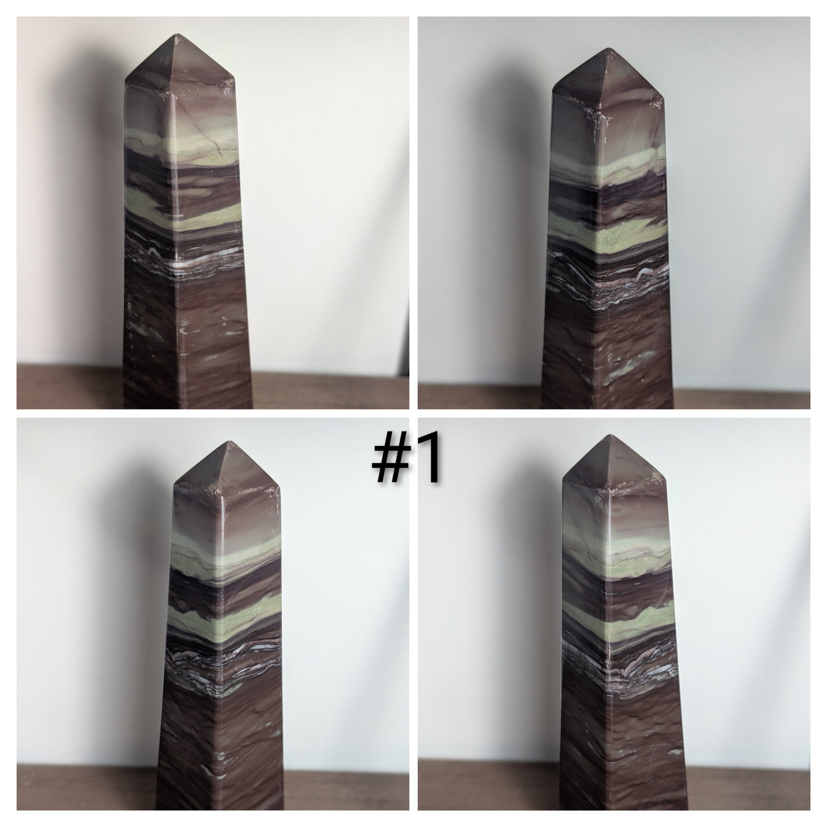 Liver Green Jasper tower gemstone from Syn's Crystal Co showing rich green and brown natural stone with polished facets.