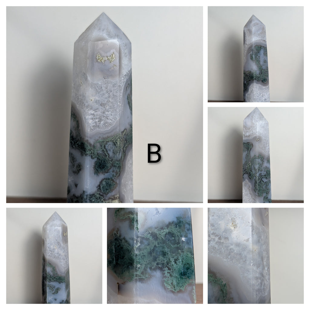 Natural moss agate crystal tower from Syn's Crystal Co, featuring green moss patterns, pointed shape, and grounding energy.