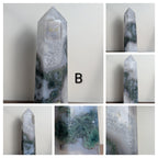 Natural moss agate crystal tower from Syn's Crystal Co, featuring green moss patterns, pointed shape, and grounding energy.
