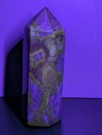 Septarian Tower crystal from Syn's Crystal Co featuring earthy brown and yellow mineral patterns on a polished stone surface.
