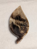 Chocolate Calcite Leaf carving by Syn's Crystal Co, featuring a detailed leaf shape with warm brown and orange tones.