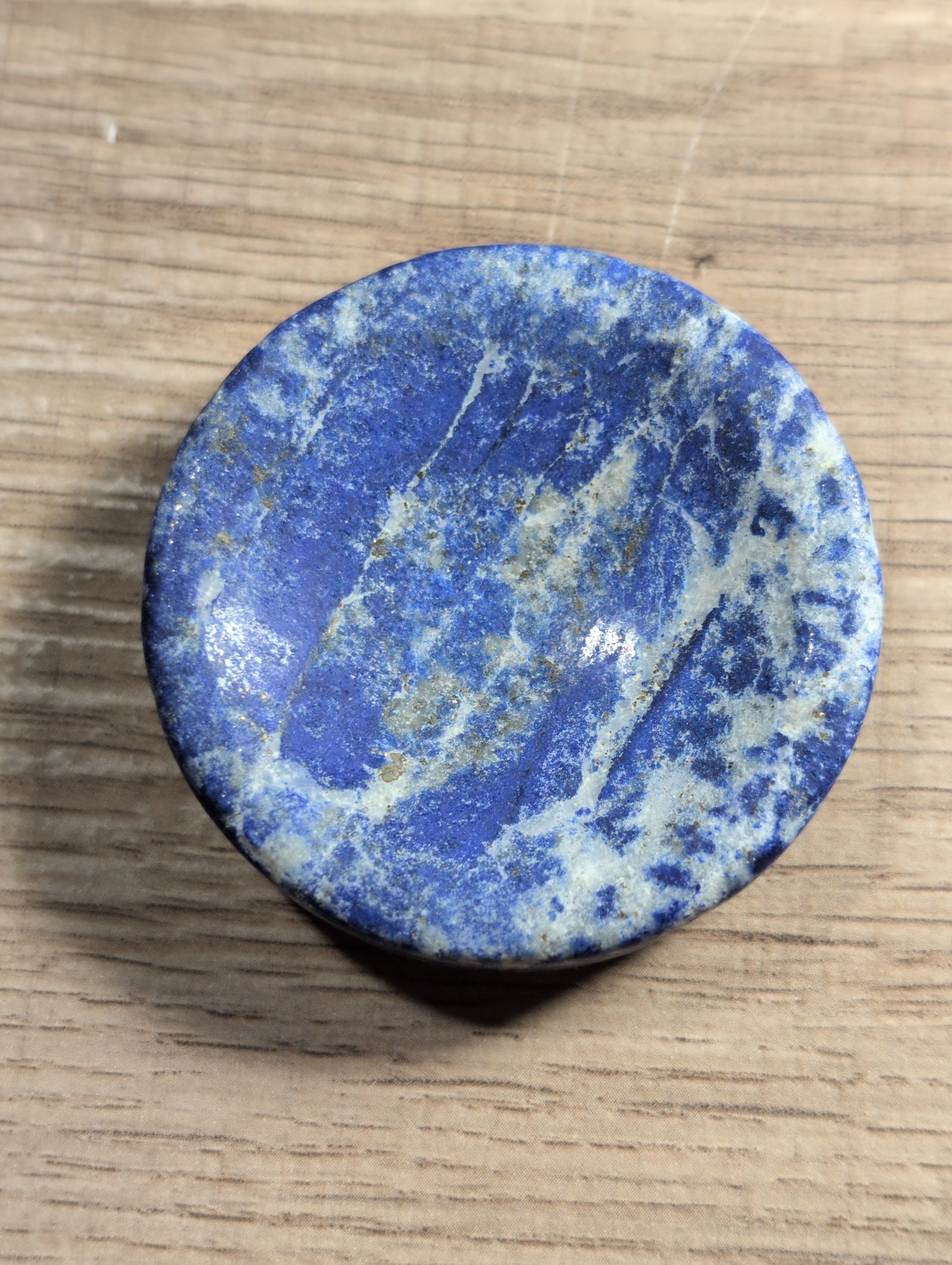 Lapis Lazuli crystal bowl by Syn's Crystal Co, natural blue gemstone dish for wisdom, intuition, and chakra display.