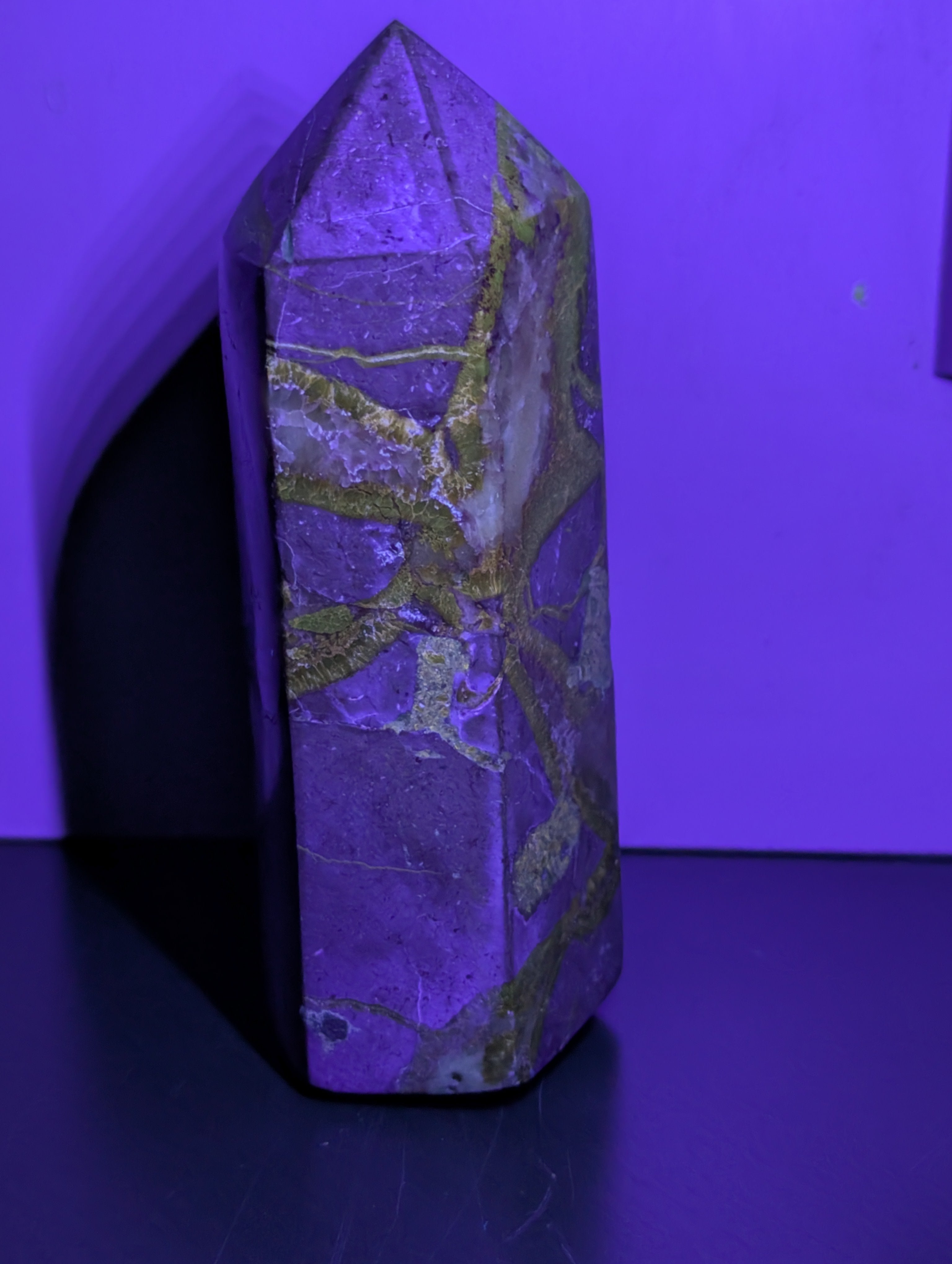 Septarian tower crystal from Syn's Crystal Co featuring earthy brown, yellow, and gray mineral patterns with a polished finish.