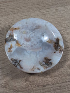Round flower agate bowl from Syn's Crystal Co featuring vibrant natural flower patterns and smooth polished surface.