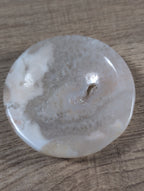 Round flower agate bowl from Syn's Crystal Co featuring vibrant, natural flower patterns and smooth polished surface.