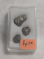 Small pyrite mineral specimen from Syn's Crystal Co showing metallic gold cubes and natural crystal formations.
