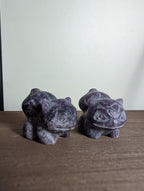 Hand-carved Bulbasaur crystal figurine from Syn's Crystal Co, showcasing detailed gemstone carving for growth and nature themes.