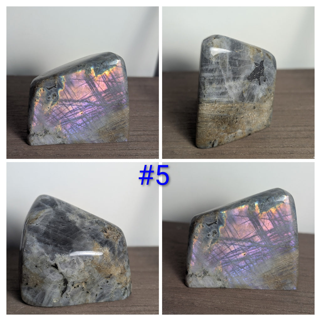 Polished Labradorite freeform crystal from Syn's Crystal Co showcasing iridescent flash and natural stone textures for intuition and protection.