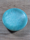 Round Amazonite bowl from Syn's Crystal Co featuring smooth, polished turquoise-blue gemstone with natural stone patterns.