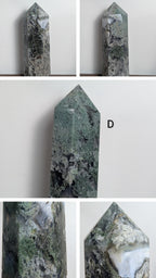 Natural moss agate crystal tower from Syn's Crystal Co, featuring green moss patterns, for grounding, growth, and abundance.