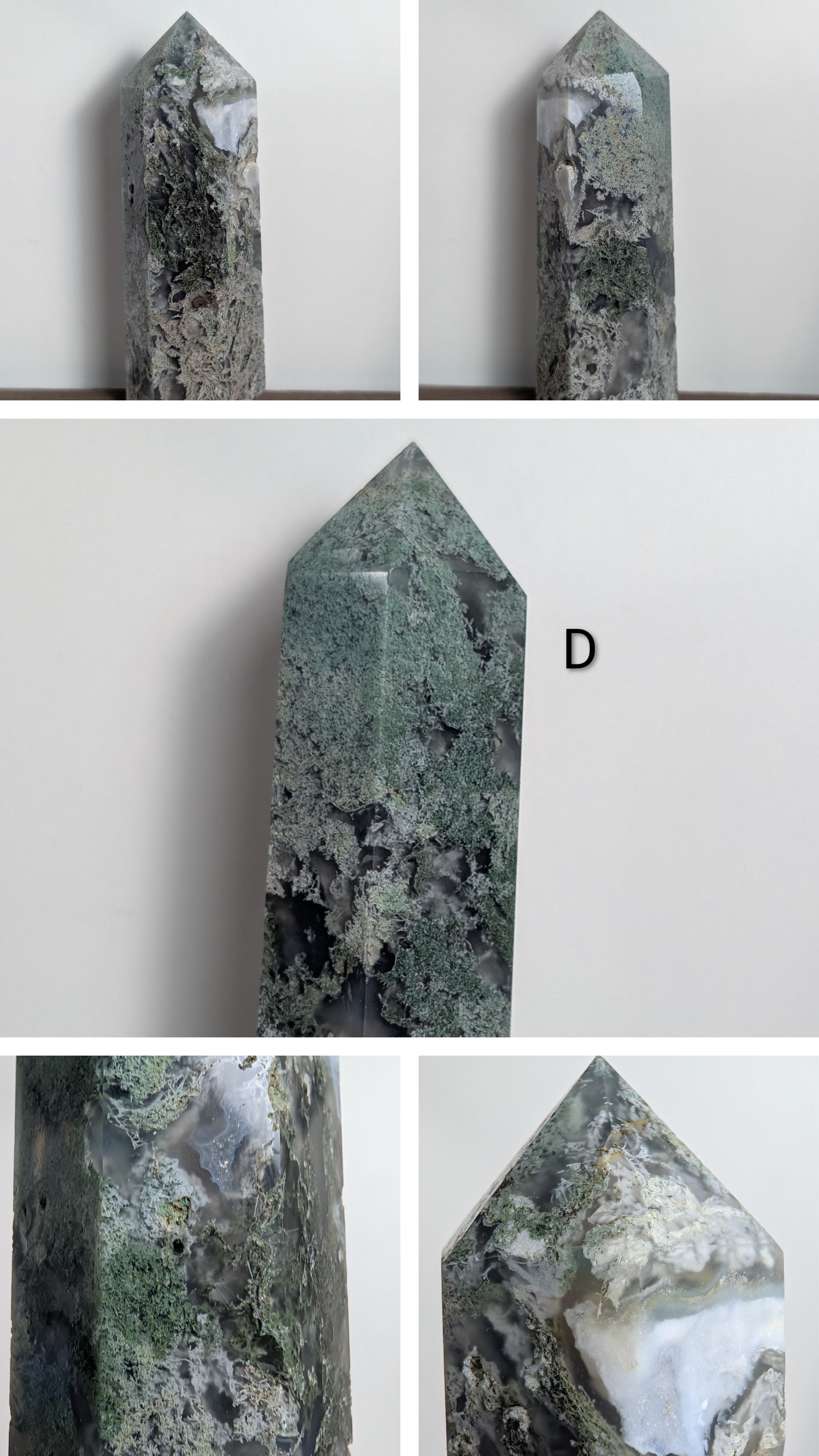 Natural moss agate crystal tower from Syn's Crystal Co, featuring green moss patterns, for grounding, growth, and abundance.