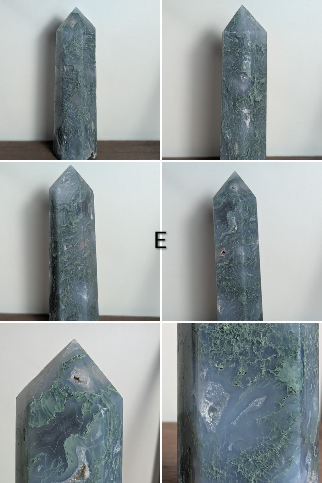 Natural moss agate crystal tower from Syn's Crystal Co, featuring intricate green moss patterns, ideal for grounding and heart chakra healing.