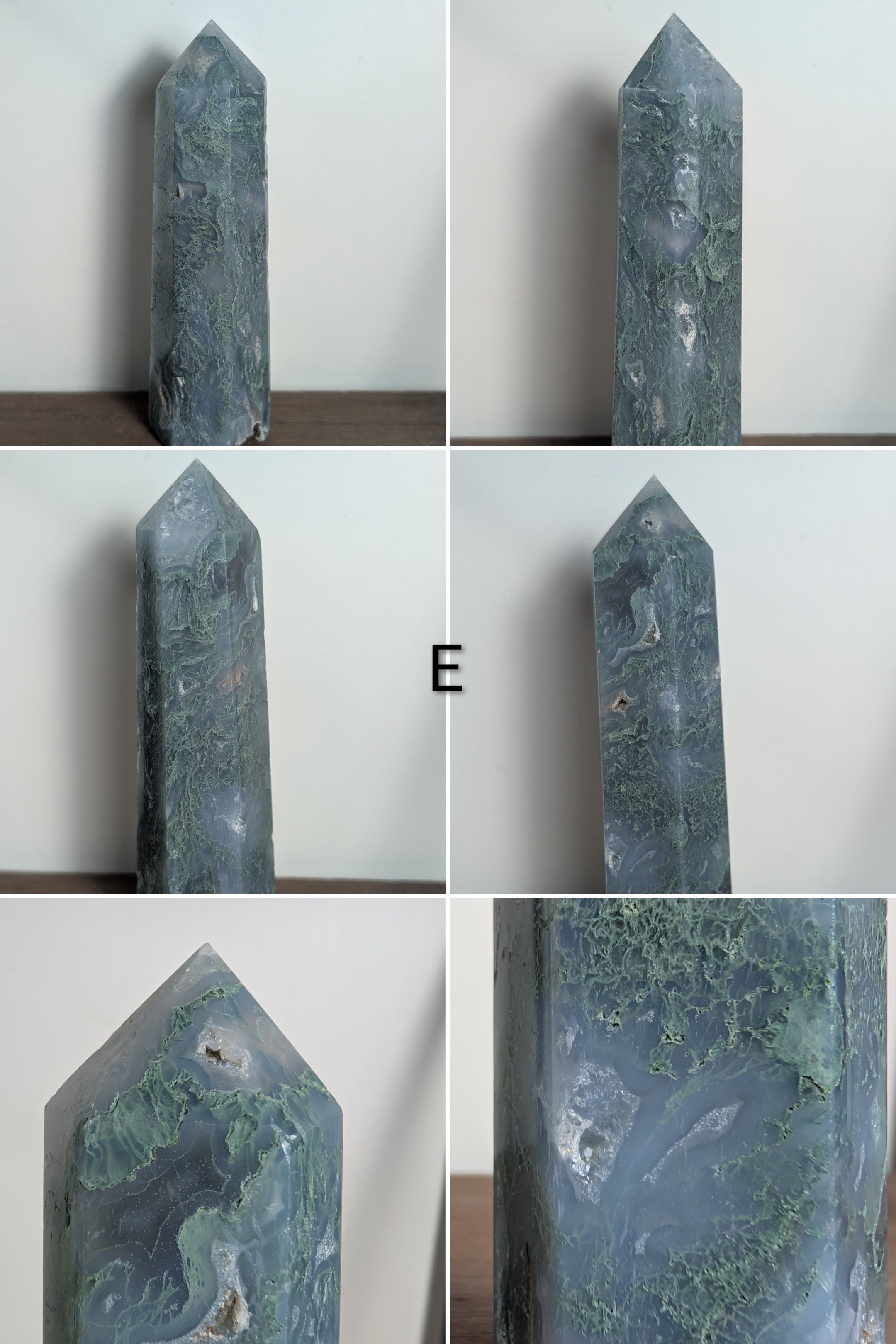 Natural moss agate crystal tower from Syn's Crystal Co, featuring intricate green moss patterns, ideal for grounding and heart chakra healing.