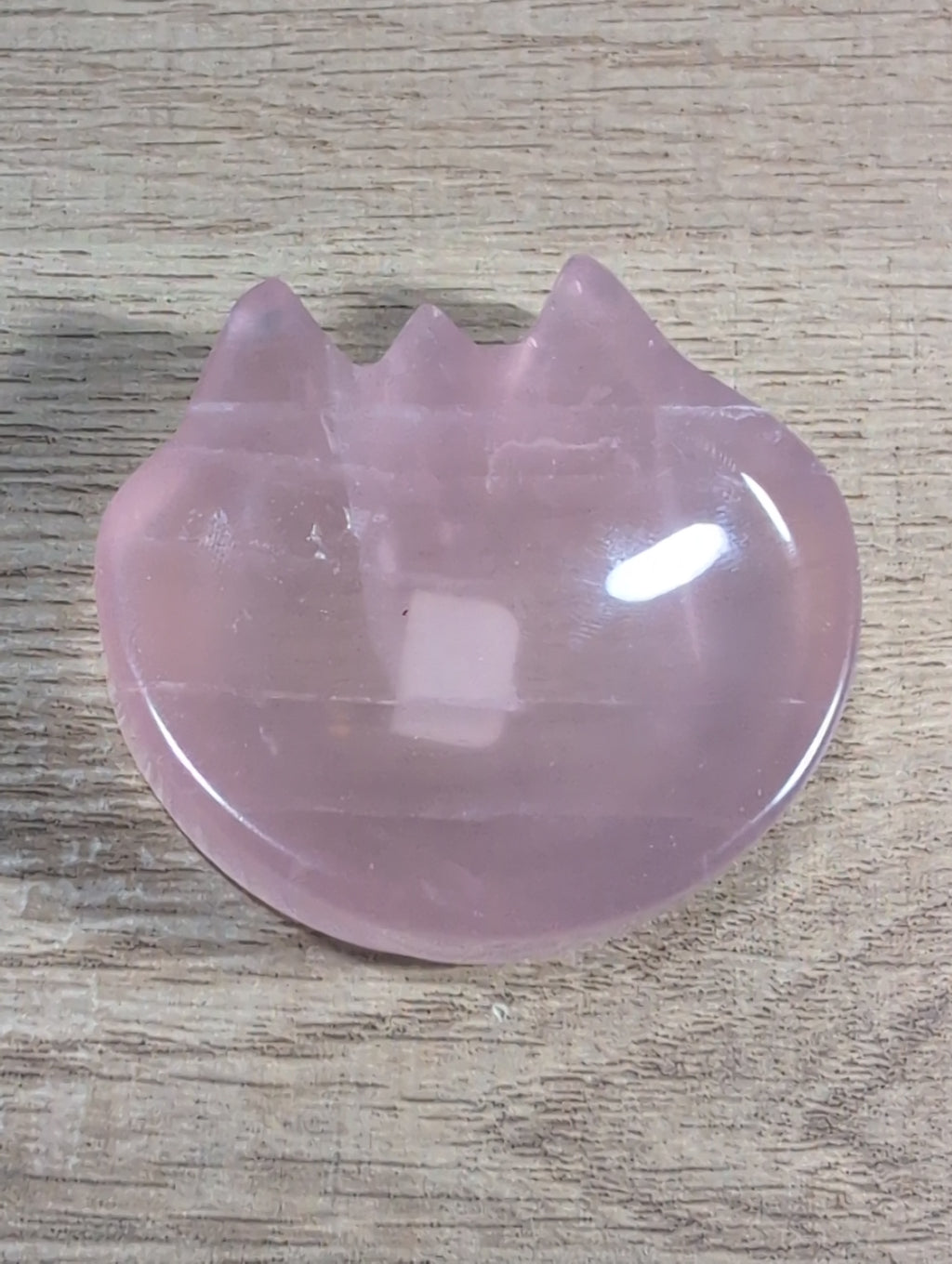 Cat-shaped rose quartz bowl with smooth pink crystal surface, designed by Syn's Crystal Co for decorative or spiritual use.