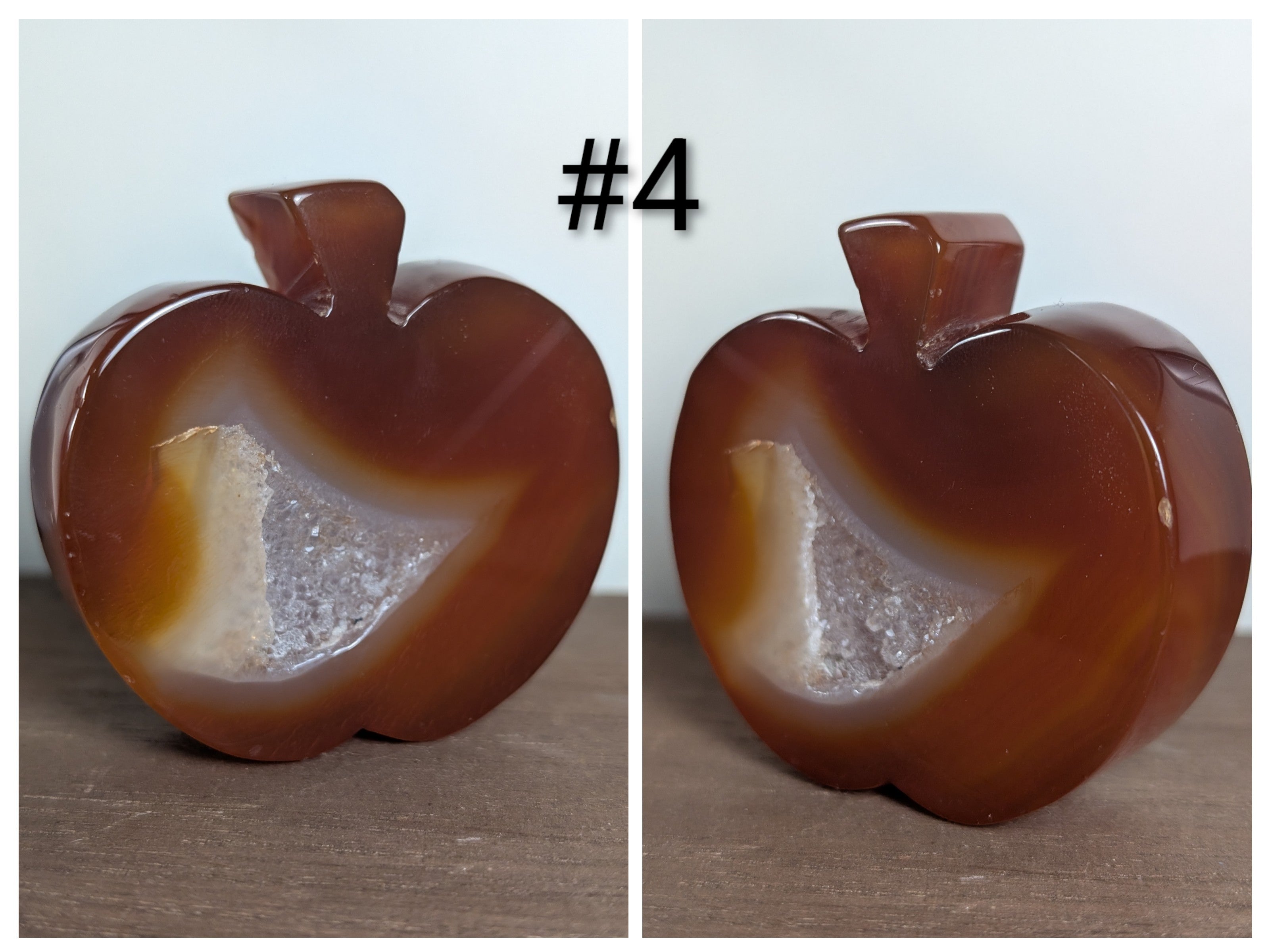 Hand-carved red carnelian crystal apple sculpture from Syn's Crystal Co, featuring detailed craftsmanship for chakra decor and spiritual energy.