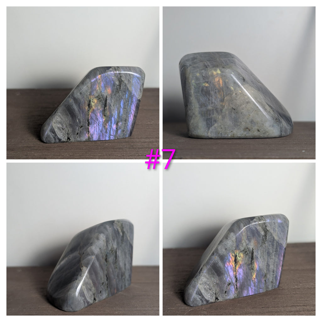 Polished flash Labradorite freeform crystal from Syn's Crystal Co, showcasing iridescent colors for intuition and protection.