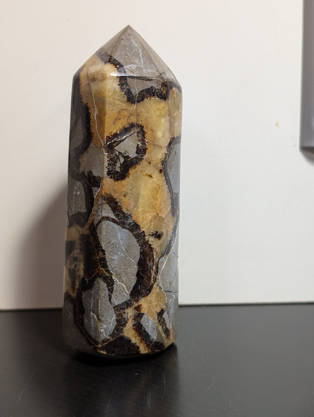 Septarian tower crystal from Syn's Crystal Co, featuring earthy brown and yellow mineral patterns with a polished, natural finish.