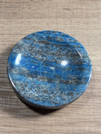 Lapis Lazuli crystal bowl from Syn's Crystal Co, showcasing vibrant blue gemstone with gold accents, ideal for chakra decor and display.