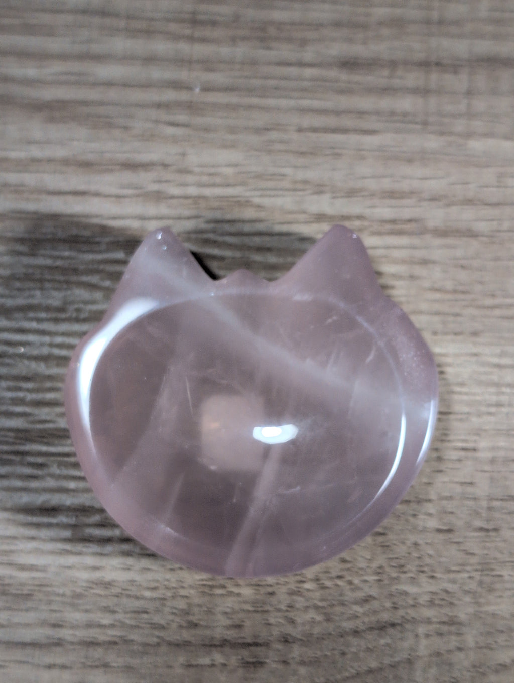 Pink rose quartz cat-shaped bowl from Syn's Crystal Co, smooth polished stone with a cute feline design.