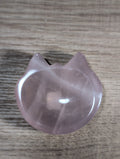 Pink rose quartz cat-shaped bowl from Syn's Crystal Co, smooth polished stone with a cute feline design.
