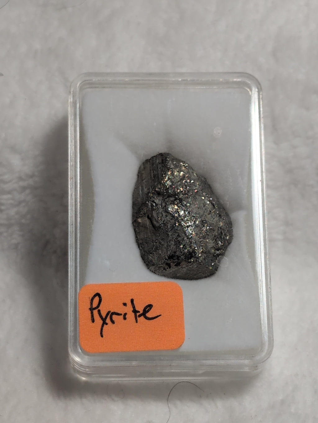 Mini pyrite specimen from Syn's Crystal Co with shiny gold-colored metallic crystals and natural mineral formation.