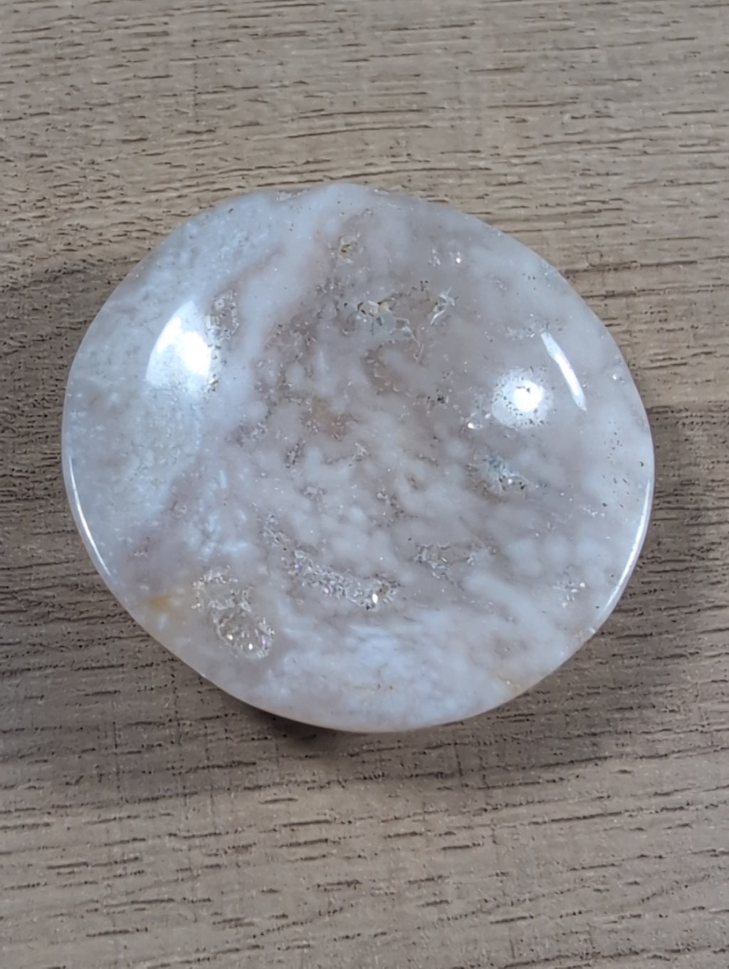Round flower agate bowl by Syn's Crystal Co featuring vibrant, polished flower agate with natural banding and smooth, rounded edges.