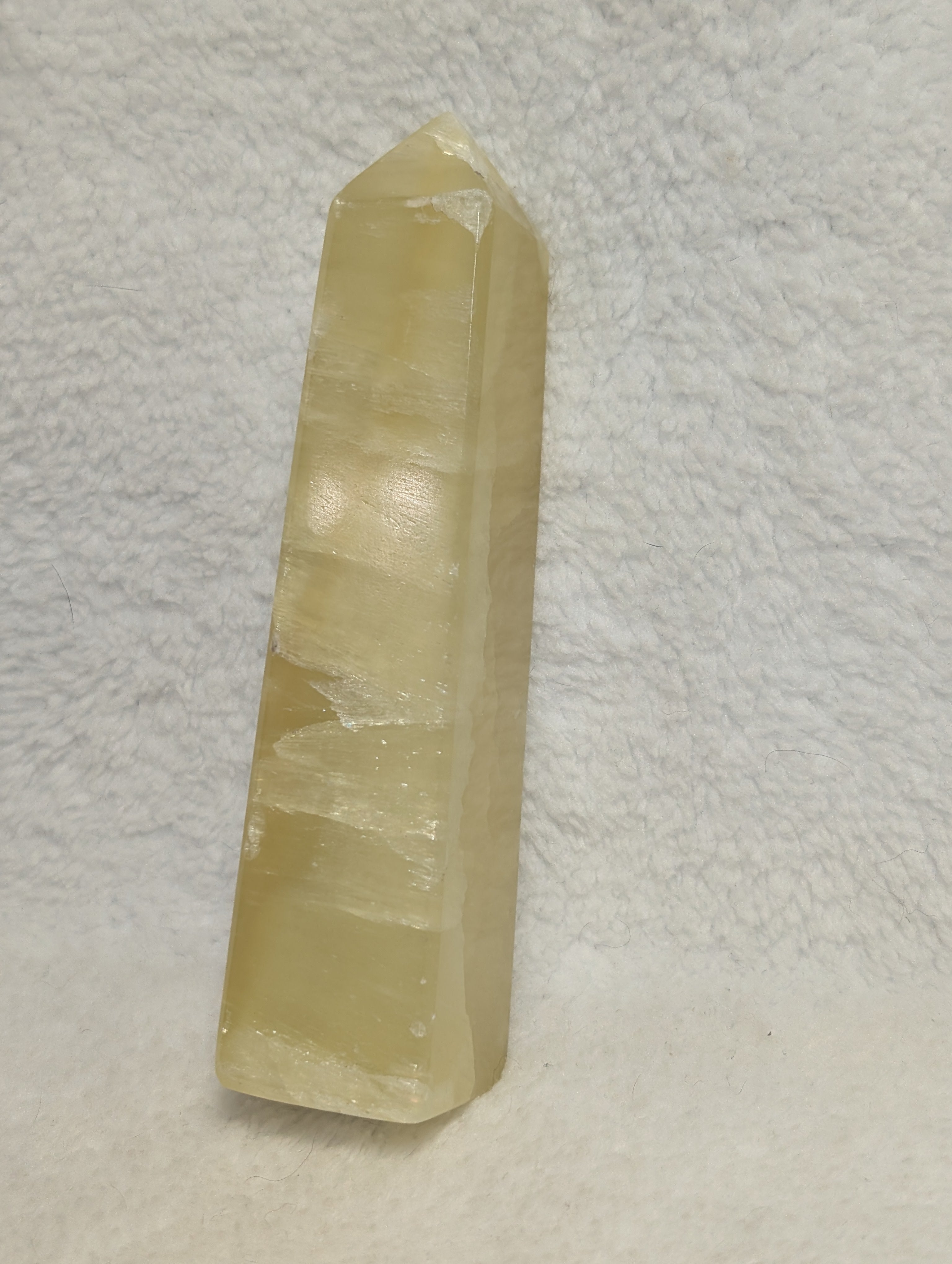 Lemon Calcite tower crystal for Solar Plexus Chakra, yellow point promoting confidence, motivation, and abundance.