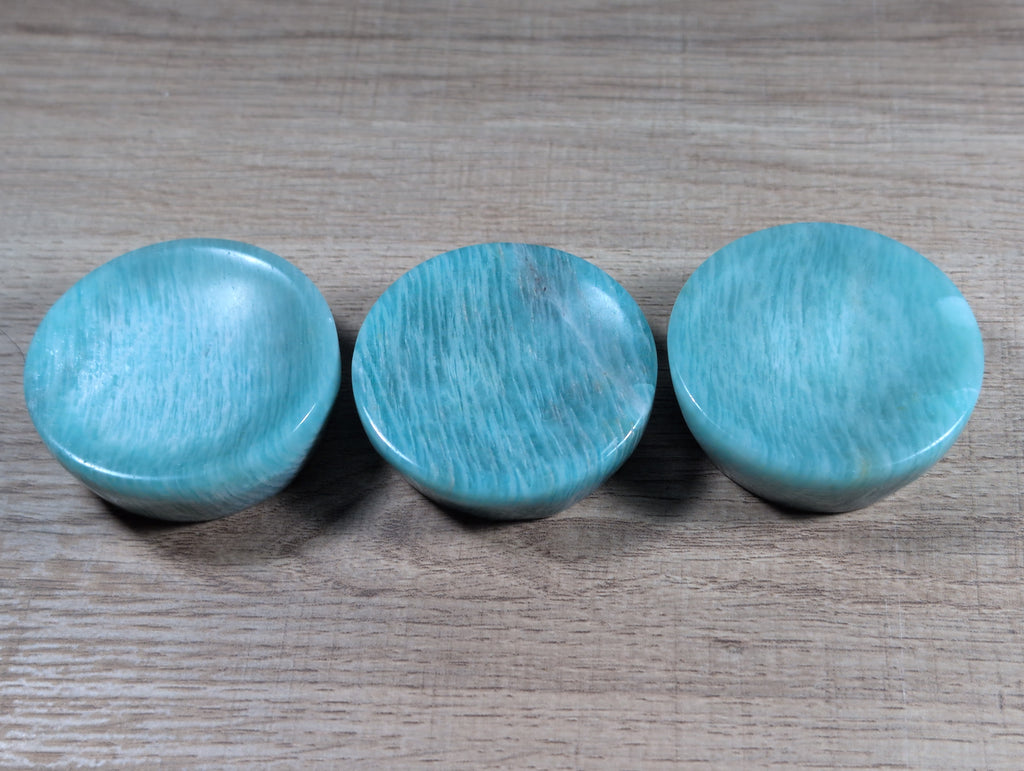 Round Amazonite bowl from Syn's Crystal Co featuring smooth, polished blue-green stone with natural mineral patterns.
