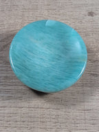 Round Amazonite bowl from Syn's Crystal Co featuring smooth, polished blue-green gemstone with natural mineral patterns.