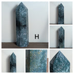 Natural moss agate crystal tower from Syn's Crystal Co, featuring green and brown patterns, ideal for grounding and abundance.