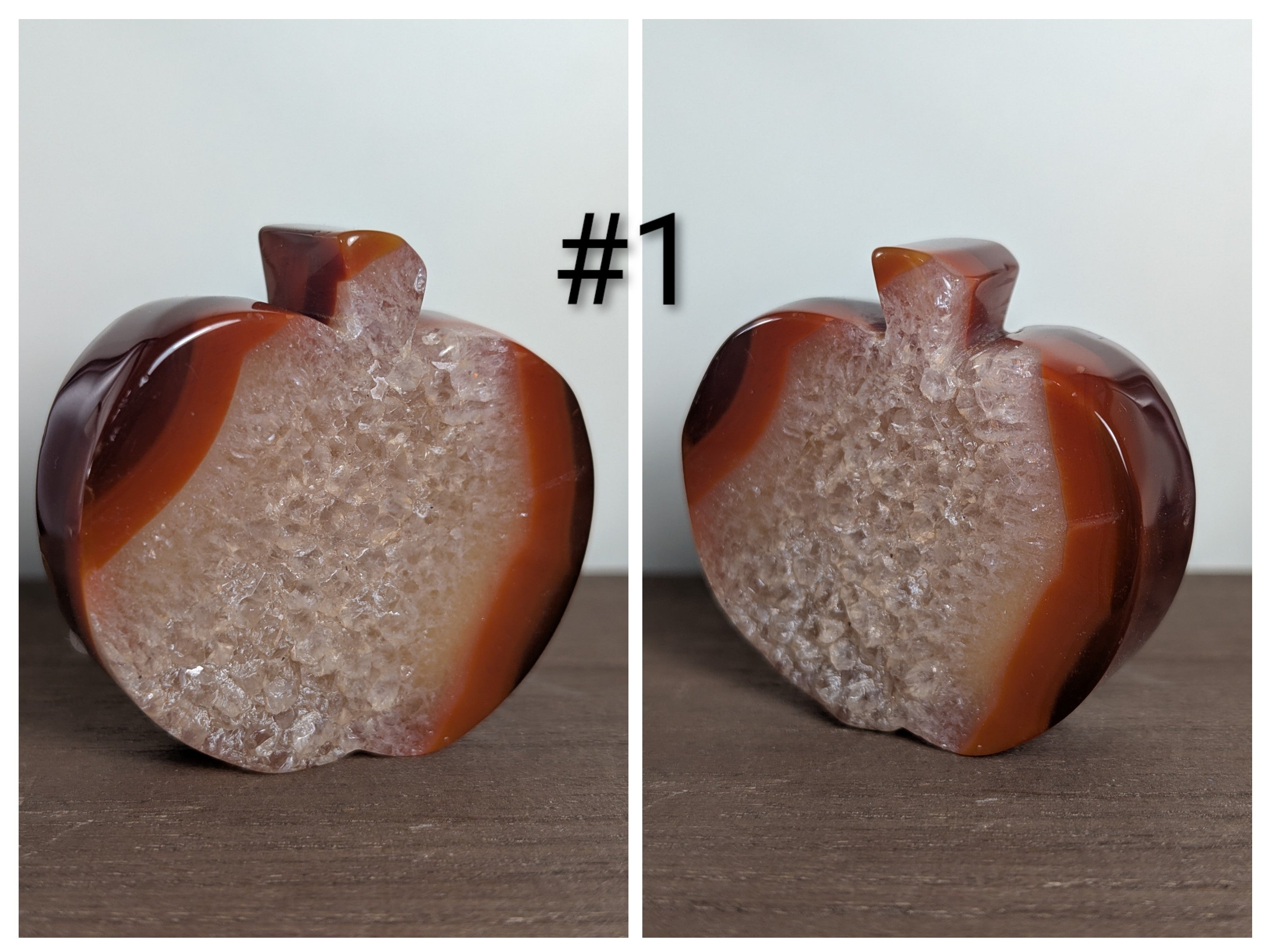 Hand-carved carnelian apple crystal sculpture by Syn's Crystal Co, showcasing vibrant orange gemstone for creativity and abundance.