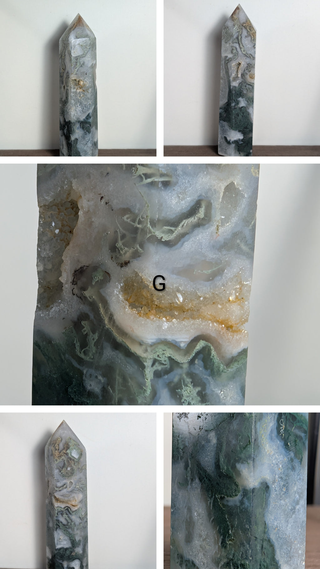 Natural moss agate crystal tower from Syn's Crystal Co, featuring green and brown patterns for grounding, growth, and abundance.