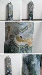 Natural moss agate crystal tower from Syn's Crystal Co, featuring green and brown patterns for grounding, growth, and abundance.