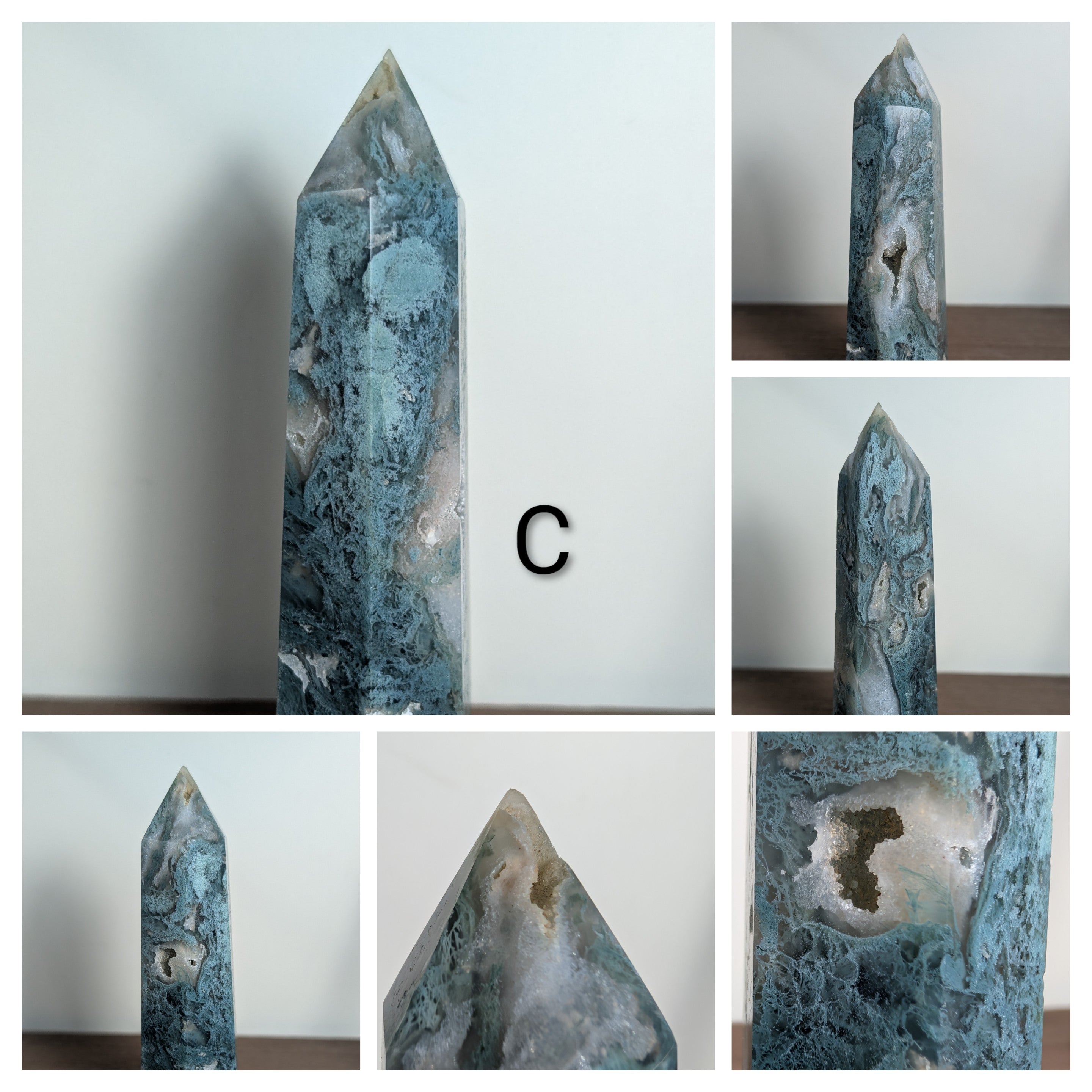 Natural moss agate crystal tower featuring green and brown patterns, used for grounding, growth, and abundance at the heart chakra.