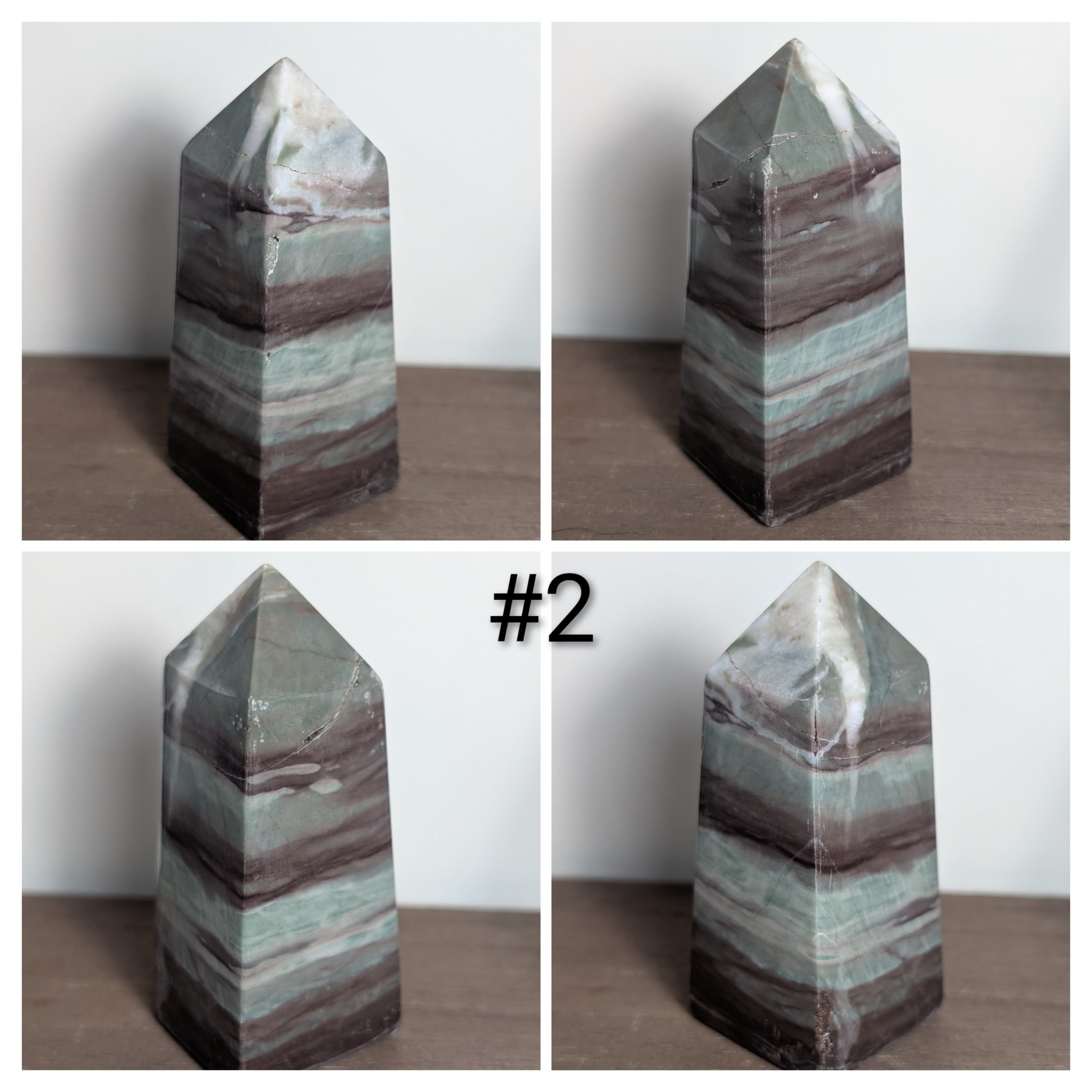 Green Liver Jasper tower crystal from Syn's Crystal Co, polished stone with natural banding and rich green hues.