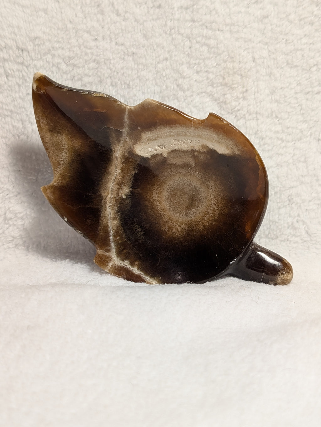 Chocolate Calcite Leaf gemstone from Syn's Crystal Co showing a polished chocolate brown calcite with leaf-like shape and natural texture.