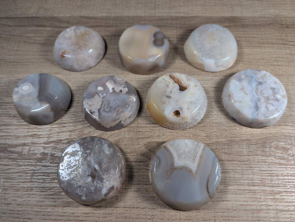 Round Flower Agate Bowl from Syn's Crystal Co featuring vibrant, natural flower patterns and smooth polished surface.