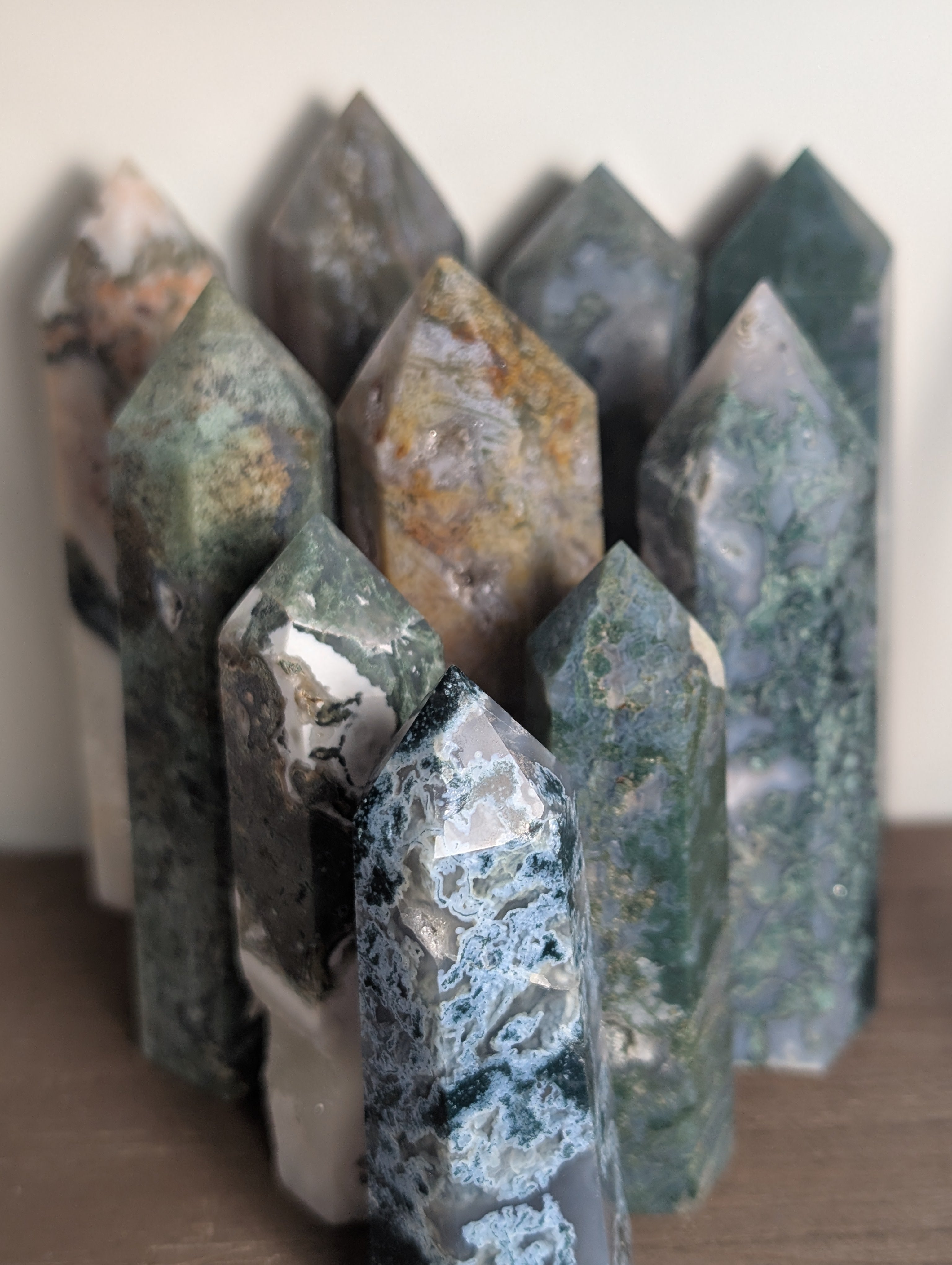 Natural moss agate crystal tower from Syn's Crystal Co, featuring green and brown patterns, ideal for grounding and abundance energies.