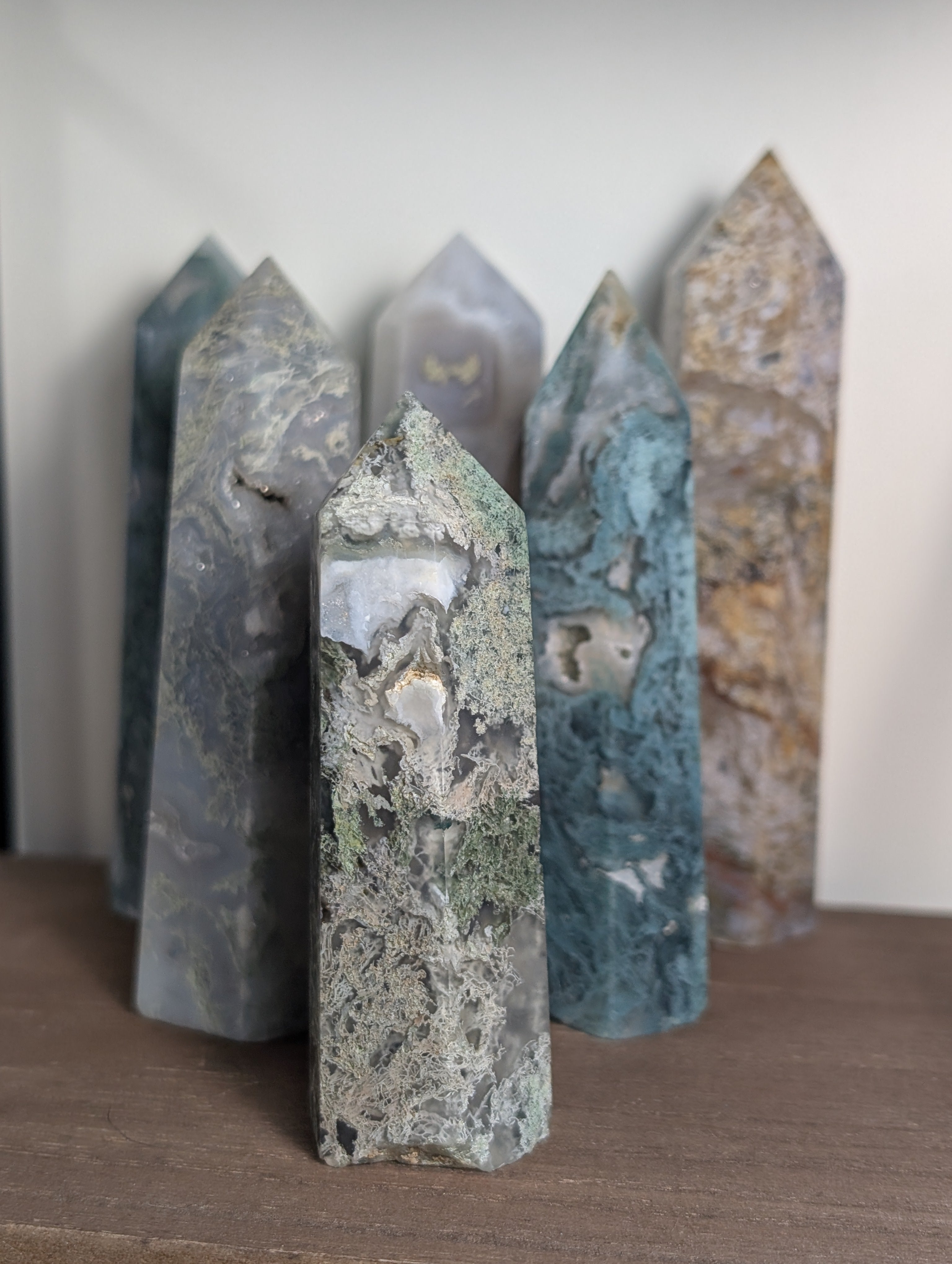 Natural moss agate crystal tower by Syn's Crystal Co, featuring a pointed moss agate stone for grounding and abundance.