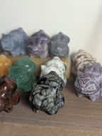 Hand-carved Bulbasaur crystal figurine by Syn's Crystal Co, showcasing detailed gemstone craftsmanship for nature and heart chakra.